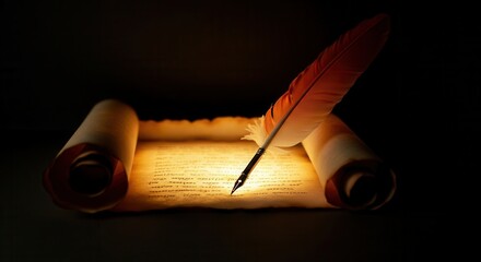 Vintage quill pen on ancient manuscript warm light