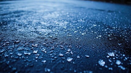 Intricate ice crystals and hoarfrost dot a frozen asphalt surface, creating a textured, shimmering backdrop on a chilly winter day.