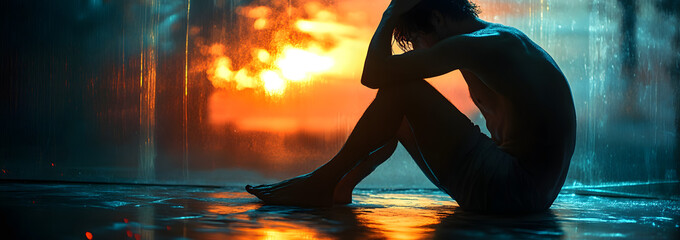 A person sitting alone in a dimly lit room, holding their head in their hands, reflecting feelings of sadness or stress. The somber lighting and solitude evoke a sense of isolation and emotional strug