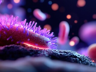 A vibrant close-up of bacteria with intricate details, showcasing colorful structures against a dark background, emphasizing the complexity of microbial life.