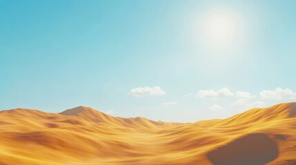 Naklejka premium A serene desert landscape under a clear blue sky with gentle dunes and soft clouds.