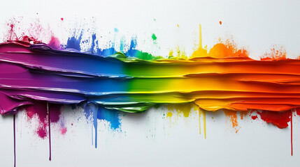 Paint splashes with colorful paint strokes and art supplies on a white background