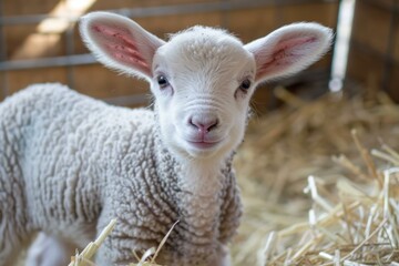 Fototapeta premium Cute white baby lamb standing on straw bedding in a barn