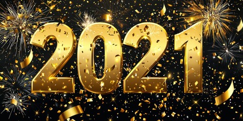 A vibrant background with large golden "2021" numbers, fireworks, and confetti, perfect for celebrating New Year's Eve.