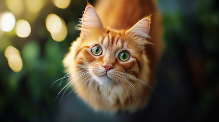 Charming Banner Featuring Curious Cat with Large Eyes Gazing Intently Amidst Bright Leaves and Warm Glow Serenity