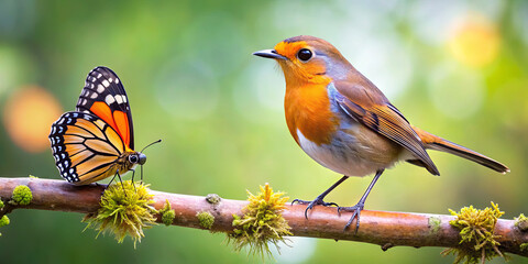 A butterfly with striking orange and black wings stands on a branch alongside a bird with a bright orange breast. This lively interaction occurs in a lush, green forest
