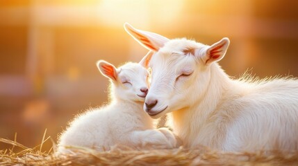 Obraz premium Mother Goat and Kid Nuzzling in Warm Barn Light