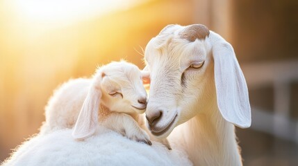 Tender Moment of Goat and Kid in Warm Barn Light