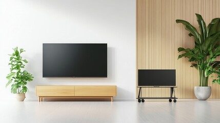 Fototapeta premium Modern Living Room with Wall Mounted Freestanding TVs Minimalist Design