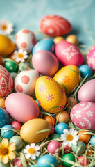 Fototapeta premium A colorful group of painted Easter eggs in a basket, a traditional symbol of spring and celebration