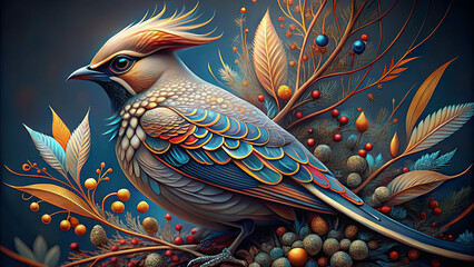 A striking bird with an elaborate plumage stands gracefully among colorful foliage and berries, showcasing nature's beauty during the fall season in a serene setting