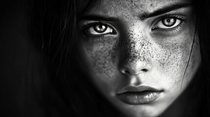 Melancholic teenage girl with captivating striking eyes and freckles gazing intensely into the camera in a dramatic black and white portrait.