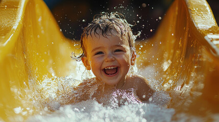 Cute baby goes down a water slide outdoor in summer, happy child having fun plays in aqua park. Theme of kids pool, travel, swim, splash