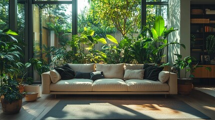 Sunlit Living Room Sofa Amidst Lush Indoor Plants