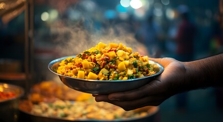 Holding a bowl of delicious papaya and mango salad in hand, looks very beautiful and tempting. Free food distribution, charity idea and humanitarian efforts to eradicate hunger.