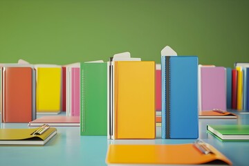 Colorful notebooks arranged on a bright table in a classroom setting
