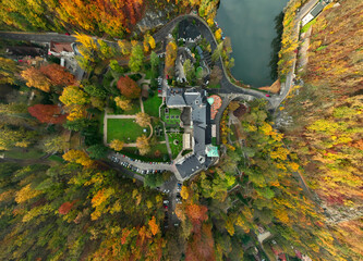 Aerial view of Lillafured Castle with autumn colors at sunset Lillafured is one of the most beautiful natural environments, Miskolc in the Eastern part of Bukk Mountains, Hungary