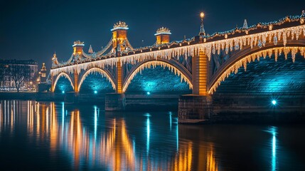 Obraz premium Magical City Bridge River Reflection Christmas Lights