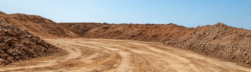 Naklejka premium A landscape featuring large mounds of earth and dry grass under a clear blue sky, suggesting an agricultural or industrial setting.