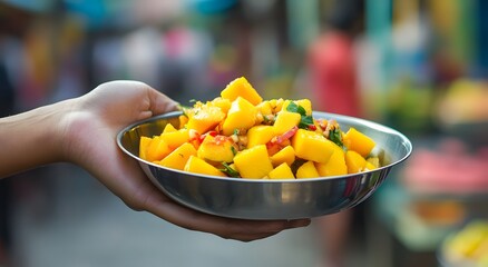 Holding a bowl of delicious papaya and mango salad in hand, looks very beautiful and tempting. Free food distribution, charity idea and humanitarian efforts to eradicate hunger.