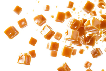 Melted delicious caramel cubes isolated on transparent background