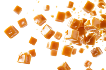 Melted delicious caramel cubes isolated on transparent background