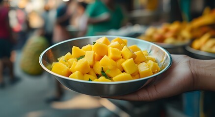 Holding a bowl of delicious papaya and mango salad in hand, looks very beautiful and tempting. Free food distribution, charity idea and humanitarian efforts to eradicate hunger.
