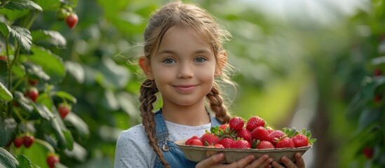 Little Girl Holding Strawberries in a Strawberry Patch