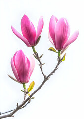 Fototapeta premium Three Pink Magnolia Flowers Blooming on a Delicate Branch