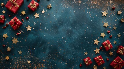 Red gift boxes and golden stars on dark blue background, ideal for Christmas or birthday, top view holiday design template.
