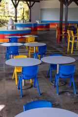 Colorful seating arrangement in a modern hotel cafe in Turkiye during daytime hours