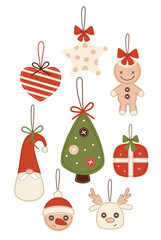 Vintage handmade Christmas sewn toys collection. New Year Retro hand decorating. Isolated Xmas tree, star, gift, gnome, gingerbread man and reindeer. Vector illustration. Modern eco-friendly hobby