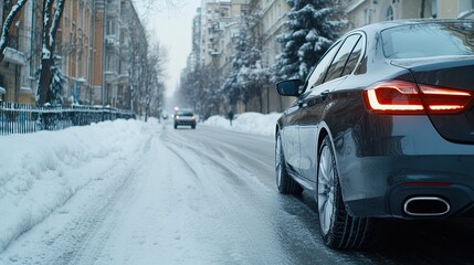 White winter tires grip the snowy road, with soft forest outlines in the background, showcasing a serene, minimalistic winter landscape