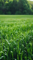 Fototapeta premium A serene image of a vibrant field with dense grass, extending into a blurred forest, creating a tranquil atmosphere.