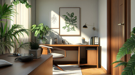Fototapeta premium A modern home office with a minimalist design, featuring a sleek wooden desk adorned with decorative items and a comfortable chair.