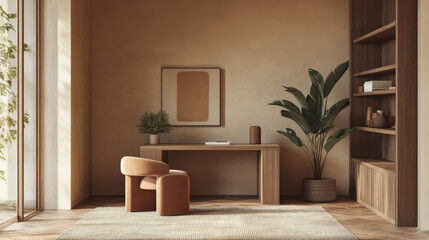 Fototapeta premium A modern home office with a minimalist design, featuring a sleek wooden desk adorned with decorative items and a comfortable chair.