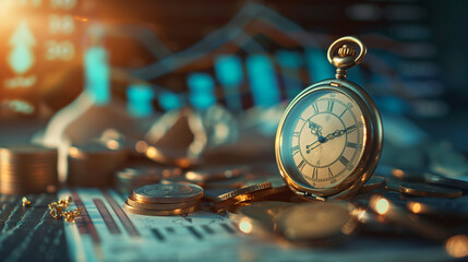 Vintage pocket watch on weathered wooden table with old coins and crumpled paper showing rising graph, symbolizing cost inflation and historical value.
