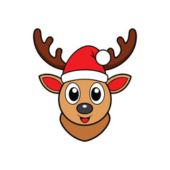 Cute Reindeer Head with Santa hat Vector Festive Cartoon Illustration for Holiday Themes