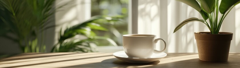 Obraz premium A cozy scene featuring a cup of coffee and a potted plant bathed in warm sunlight, creating a tranquil morning atmosphere.