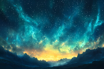 Fototapeta premium Beautiful auroras accompanied a huge and beautiful starry sky. A starry sky conceals nothing. The picture should have layers, a sense of depth, a sense of detail, high-definition.