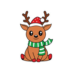 Festive Reindeer Cartoon Vector - Santa Hat and Striped Scarf Illustration