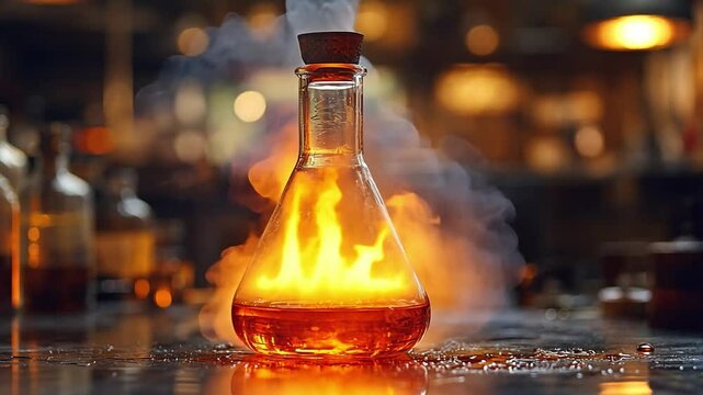 In a dimly lit laboratory, a flask bubbles with bright flames and smoke, surrounded by glassware and lab equipment, creating a captivating and intense atmosphere.