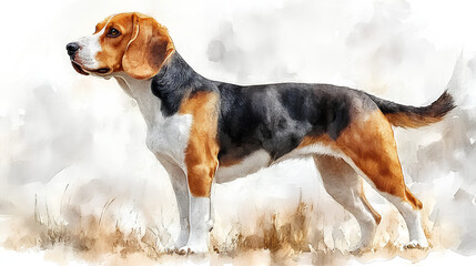 A watercolor Beagle standing tall, its fur detailed beautifully, painted on a white background