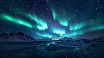 Naklejka premium Beautiful auroras accompanied a huge and beautiful starry sky. A starry sky conceals nothing. The picture should have layers, a sense of depth, a sense of detail, high-definition.