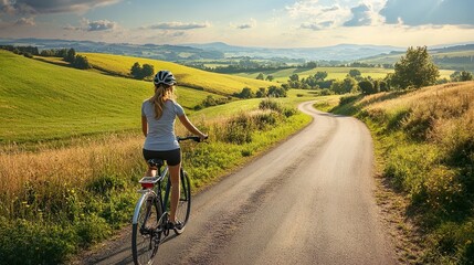 Female tour guide leading a bicycle tour through picturesque countryside. Rolling hills and open fields surround the path