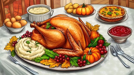 Celebrating Thanksgiving with dinner on the table