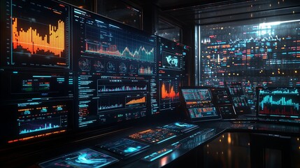 Fototapeta premium Futuristic Control Room Displays Financial Data Graphs