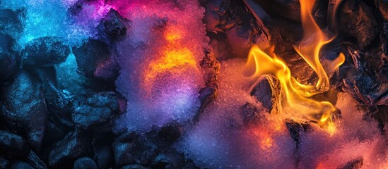 Fototapeta premium Vibrant campfire with colorful salt effects illuminating the flames against dark charcoal background creating a mesmerizing visual scene