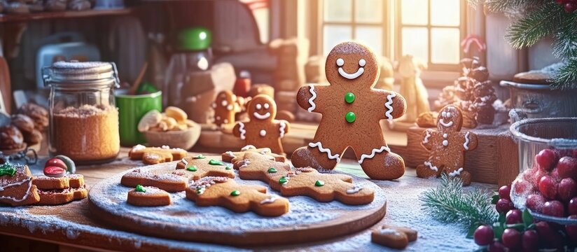 Cozy kitchen scene showing the gingerbread cookie making process with decorated cookies and festive decor in warm sunlight