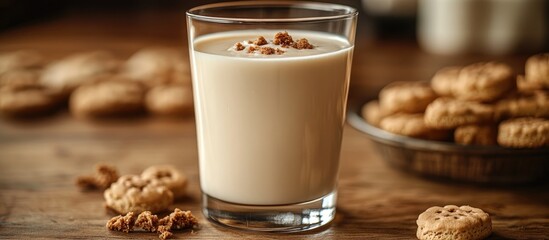 Glass of fresh natural milk with gluten free sugarless biscuits on a rustic wooden table inviting a wholesome snack experience